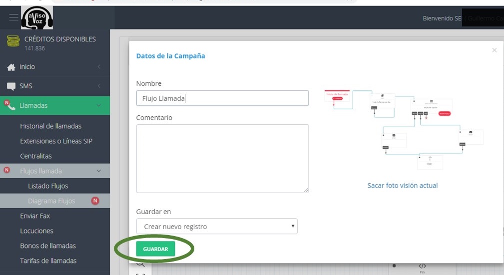 configuración guardar flujo llamada