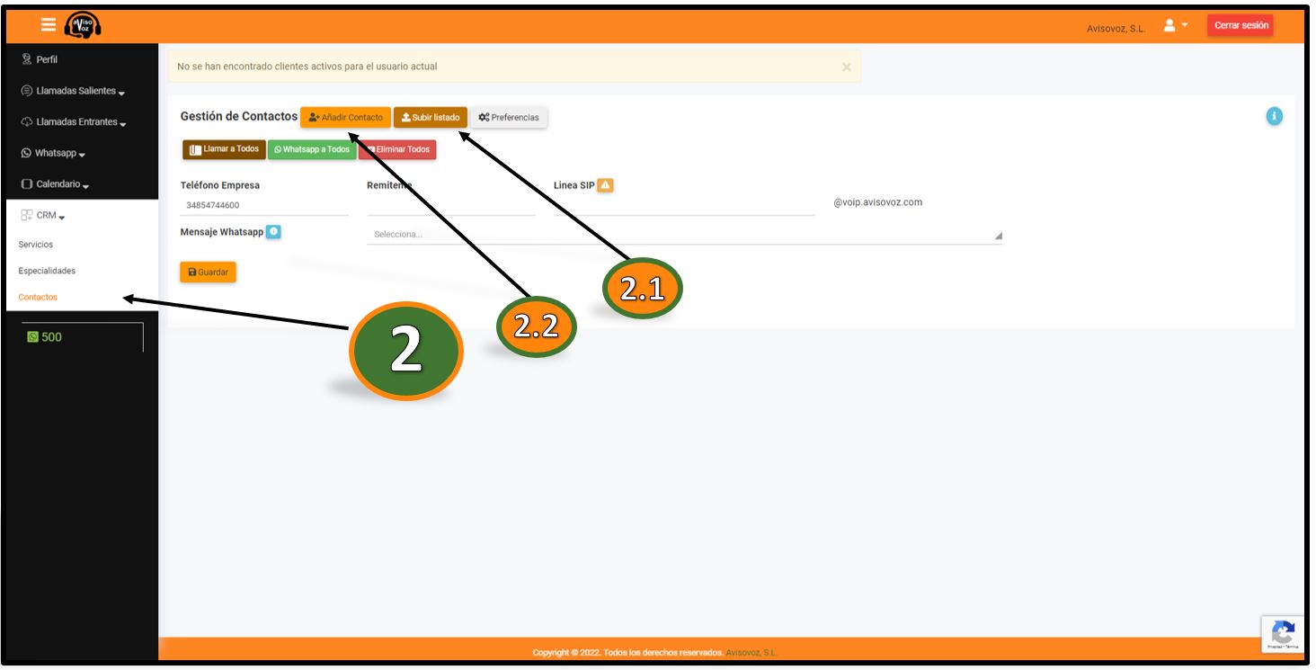 configuración Subir Contactos